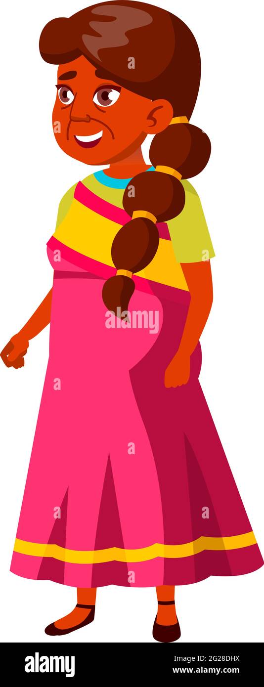 donna indiana di età matura che cammina su campo di fiori vettore cartoon Illustrazione Vettoriale