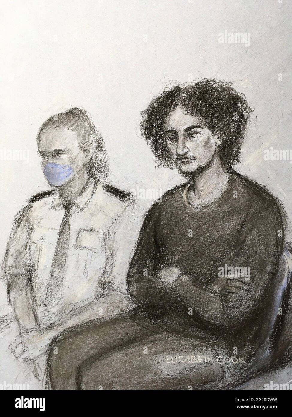 Il disegno di un artista di corte di Elizabeth Cook di Danyal Hussein (a destra) apparve nel molo dell'Old Bailey, Londra, dove è in procinto di essere accusato di aver ucciso le sorelle Nicole Smallman e Bibaa Henry nel Fryent Country Park, Wembley, a nord-ovest di Londra, nelle prime ore di sabato 6 giugno 2020. Data immagine: Mercoledì 9 giugno 2021. Foto Stock