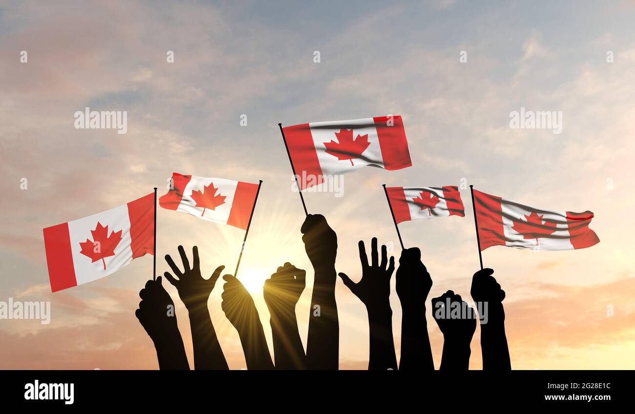 Silhouette di braccia sollevate sventolando una bandiera canadese con orgoglio. Rendering 3D Foto Stock