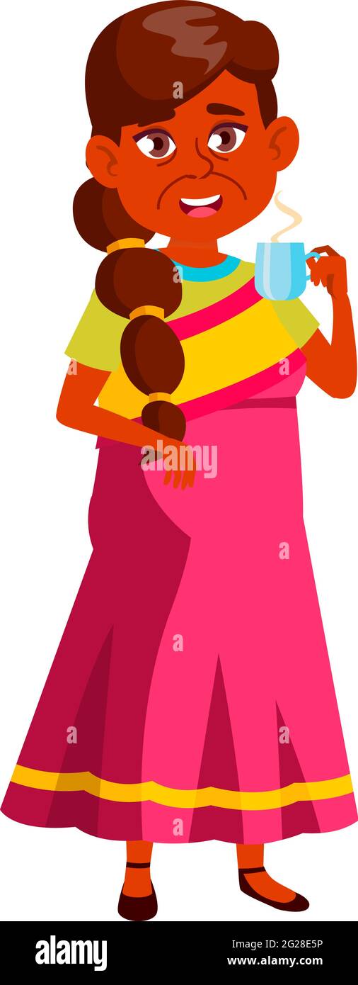 donna anziana indiana che beve tè caldo in cartone animato mensa vettore Illustrazione Vettoriale