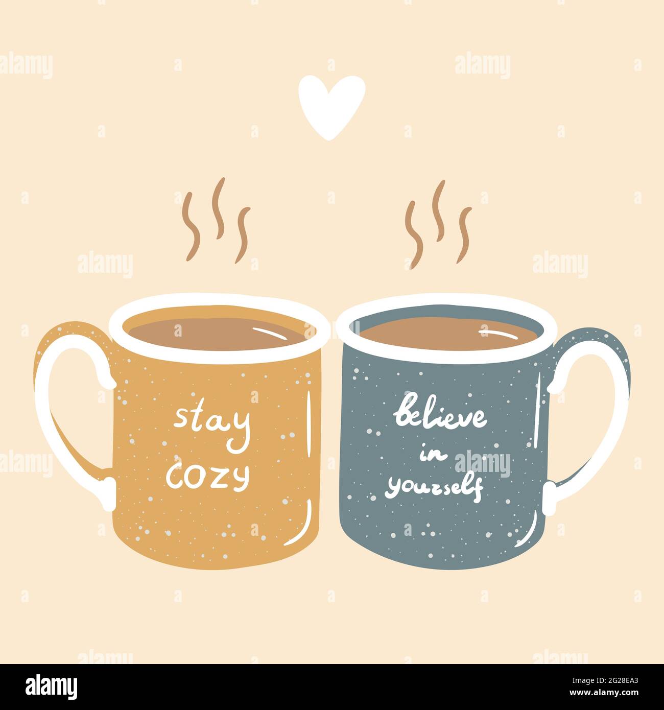 Due tazze cuore di coppia di amore di hygge di tè caldo o caffè in giallo e blu colori doodle vettore mano disegnata illustrazione di stile piatto Illustrazione Vettoriale