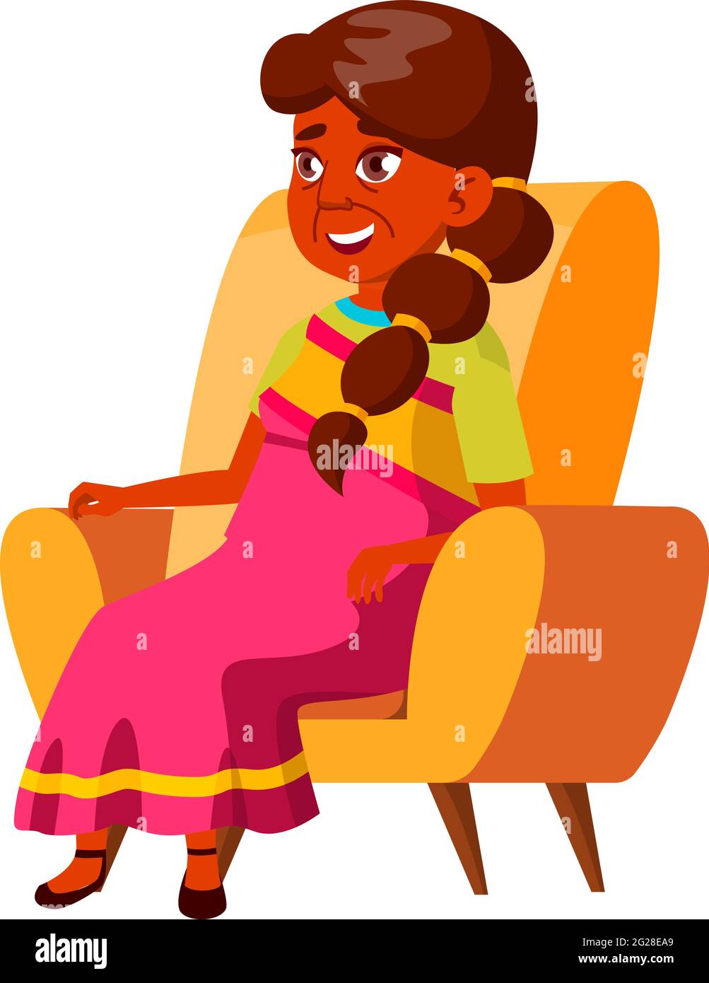 vecchia donna indiana che si rilassa in salotto poltrona vettore cartoon Illustrazione Vettoriale