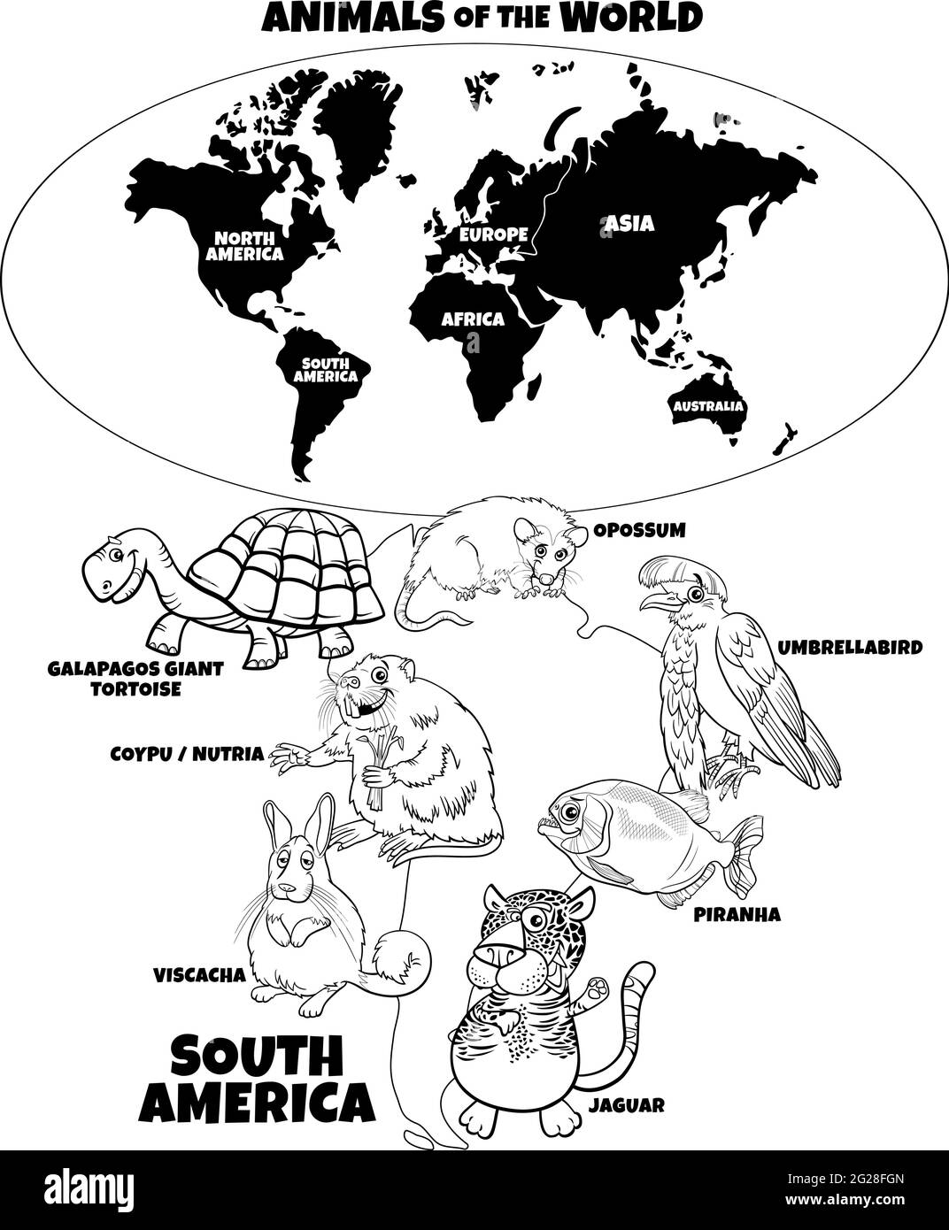 Cartoni animati educativi in bianco e nero illustrazione delle specie animali sudamericane e mappa del mondo con pagina del libro dei continenti da colorare Illustrazione Vettoriale
