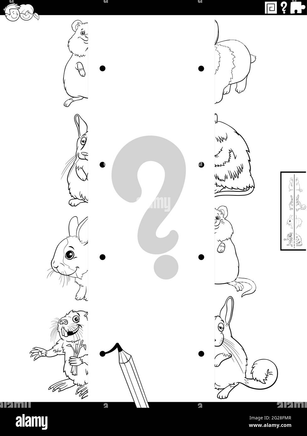 Cartoni animati in bianco e nero illustrazione di gioco educativo di corrispondenza metà delle immagini con divertenti animali caratteri colorare pagina del libro Illustrazione Vettoriale