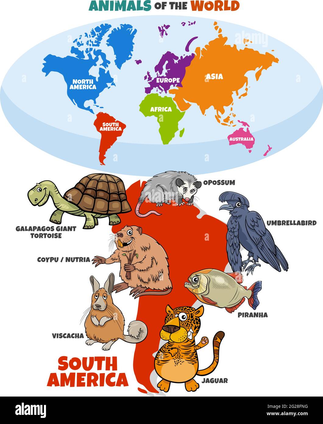 Cartoni animati didattici di specie animali sudamericane e mappa del mondo con i continenti Illustrazione Vettoriale