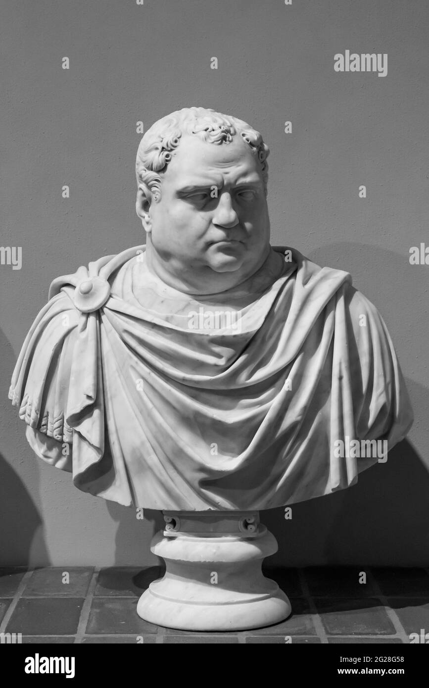 Foto in bianco e nero di antico busto di senatore romano chubby Foto Stock