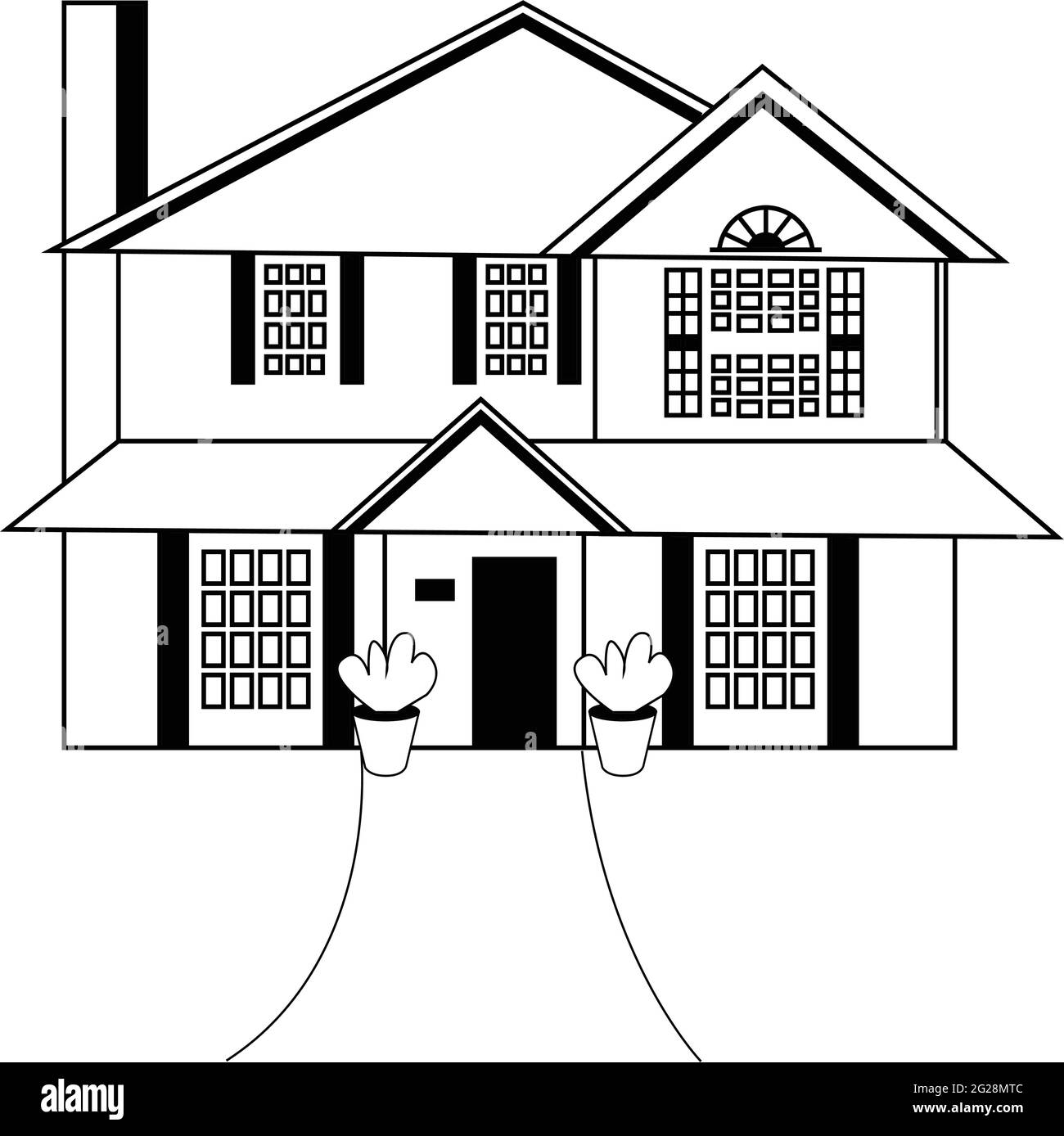 Disegno dell'architettura della casa. Un disegno a mano di una tipica casa di campagna. Schizzo in bianco e nero. Facciata. Illustrazione vettoriale. Legno Illustrazione Vettoriale