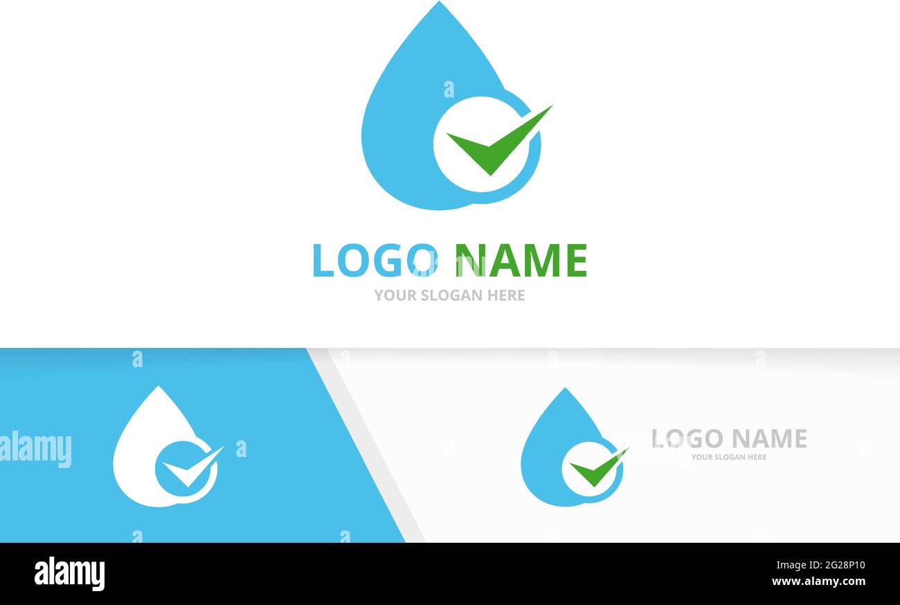 Combinazione di gocce d'acqua e segni di spunta. Modello esclusivo per il design del logotipo dell'olio e del tick. Illustrazione Vettoriale