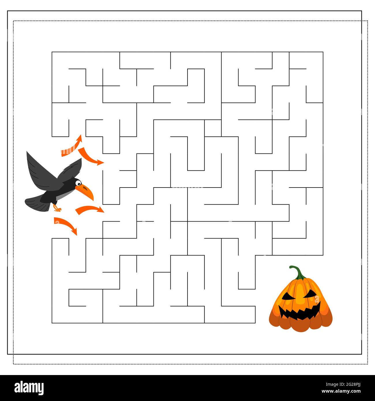 Gioco per bambini passare attraverso il labirinto, corvo, Halloween. Vettore isolato su sfondo bianco. Illustrazione Vettoriale