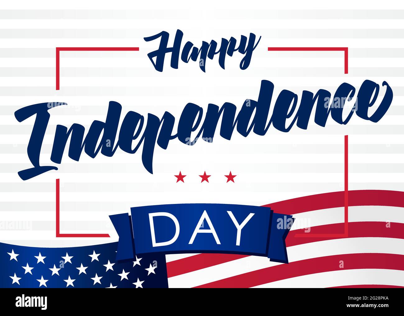 Banner creativo Happy Independence Day USA. Modello grafico astratto isolato. Colori rosso, blu, bianco. Scritta calligrafica. Log decorativo Illustrazione Vettoriale