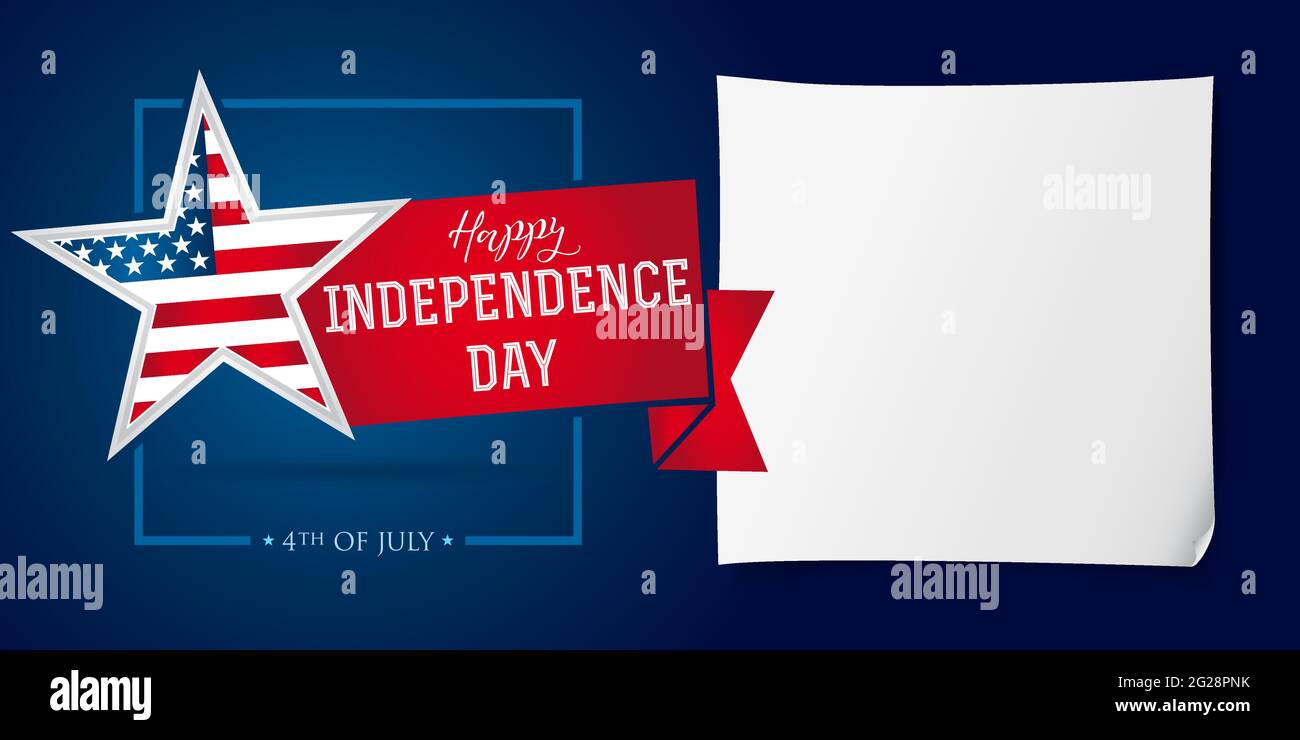 Banner creativo Happy Independence Day USA. Modello grafico astratto isolato. Colori rosso, blu, bianco. Foglio di carta. Logo decorativo concep Illustrazione Vettoriale
