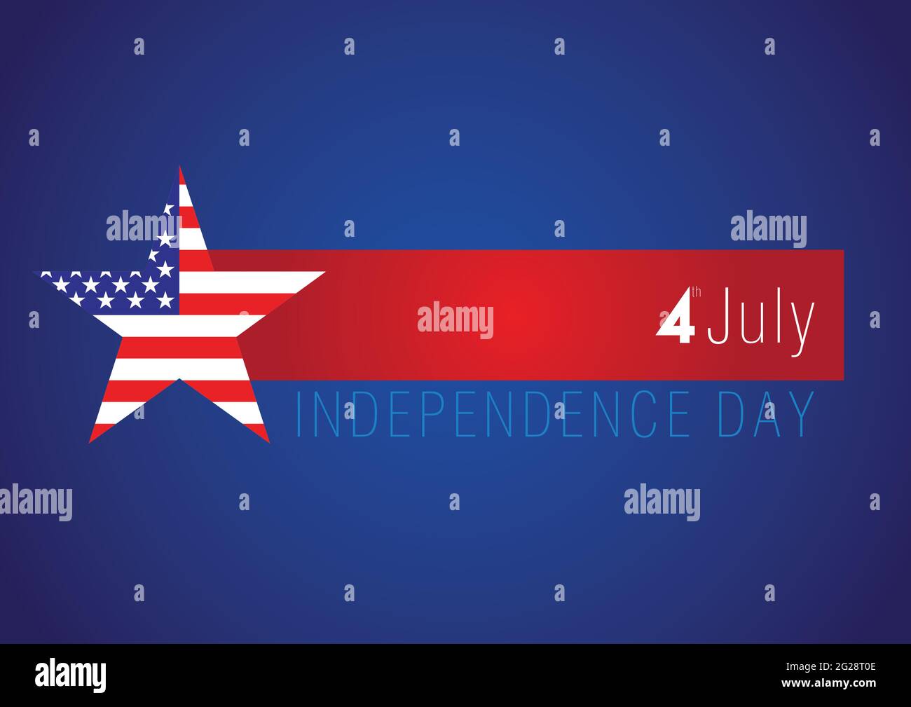 Banner creativo Happy Independence Day USA. Modello grafico astratto isolato. Colori rosso, blu, bianco. Scritta calligrafica. Log decorativo Illustrazione Vettoriale