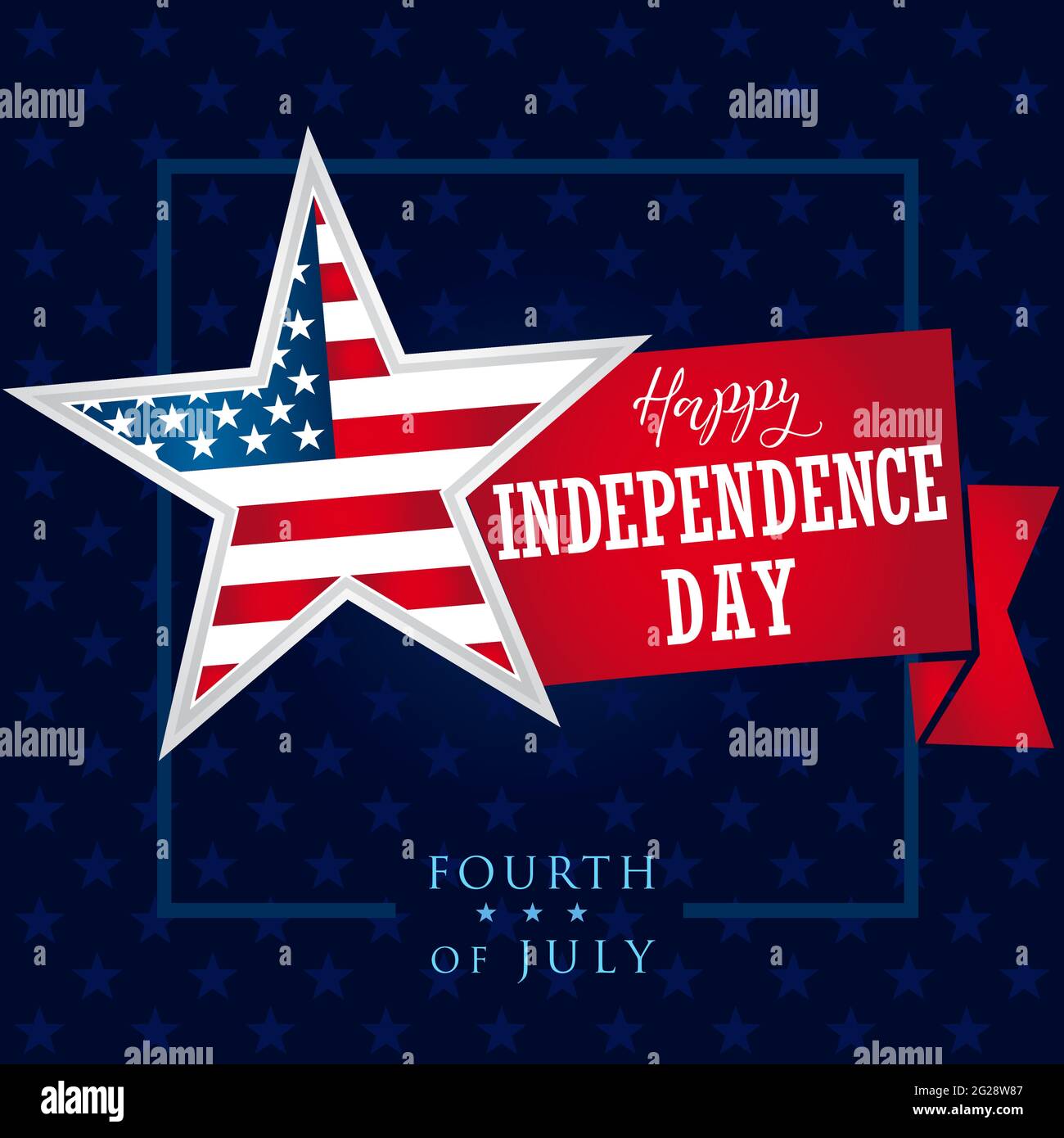 Banner creativo Happy Independence Day USA. Modello grafico astratto isolato. Colori rosso, blu, bianco. Scritta calligrafica. Log decorativo Illustrazione Vettoriale