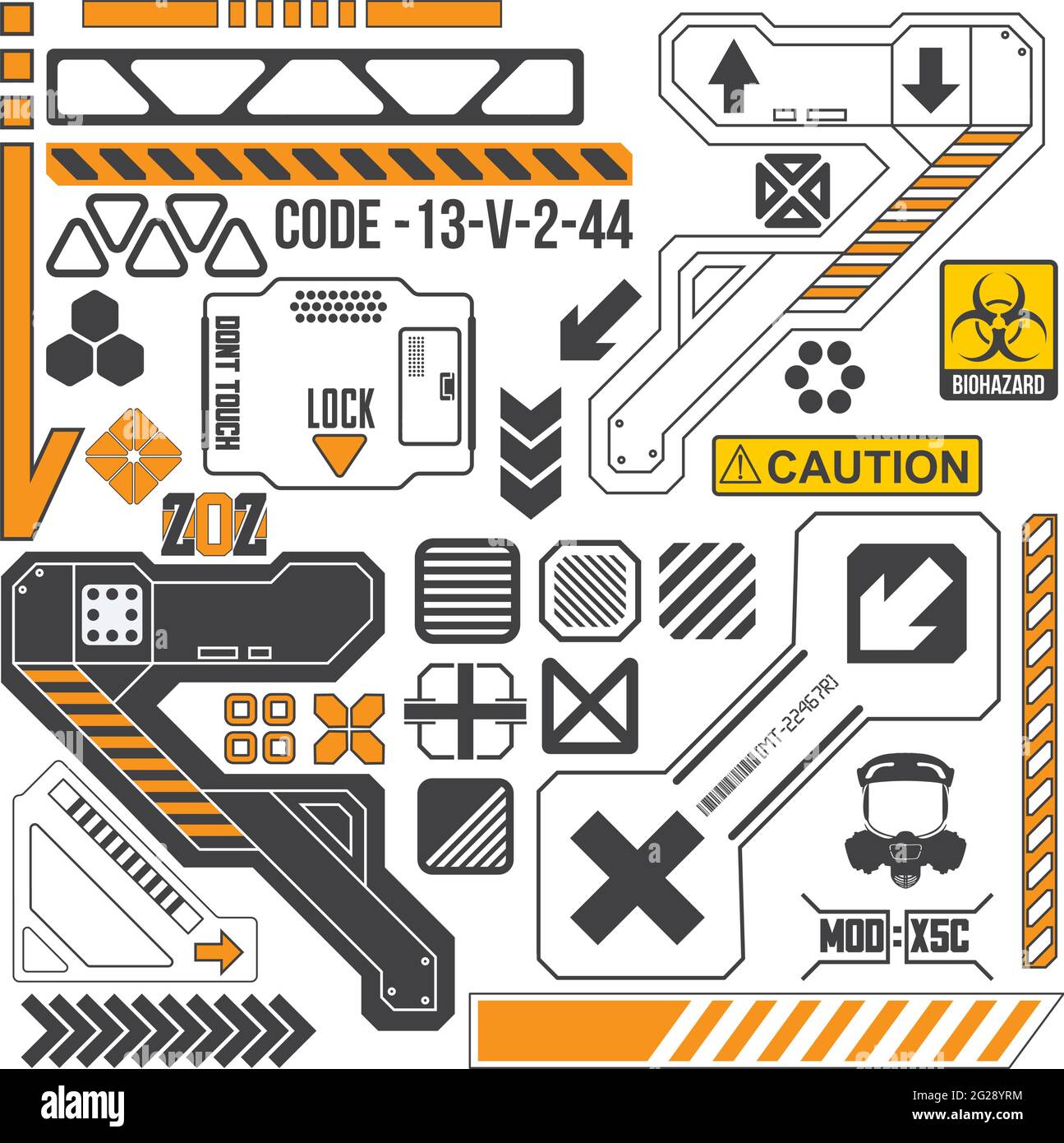 Elementi tecnici del robot con segni e simboli. Modello di superficie sci-fi. Illustrazione vettoriale. Illustrazione Vettoriale