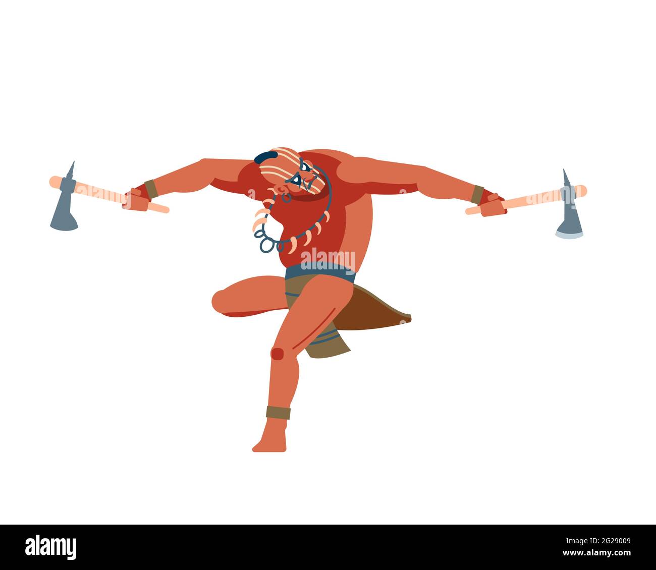 Guerriero indiano americano coraggioso balzare verso e attaccare con due un tomahawk. Popoli nativi d'America. Fumetto maschile, carattere piatto isolato su Illustrazione Vettoriale Guerriero indiano americano coraggioso balzare verso e attaccare con due un tomahawk. Popoli nativi d'America. Fumetto maschile, carattere piatto isolato su Illustrazione Vettoriale