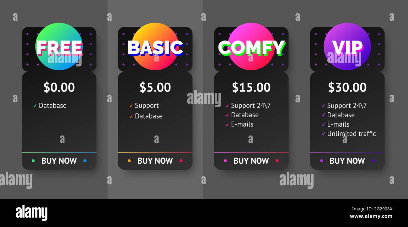 Vector black pricing plan banner modello infografico mock up per il web. Diapositiva della presentazione di marketing. Infografiche dei concetti delle etichette aziendali. 4 opzioni Illustrazione Vettoriale