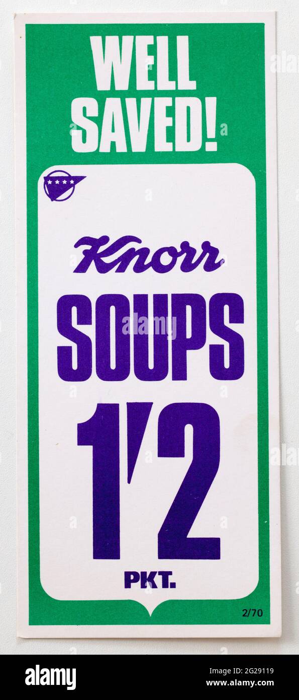 1970 Shop Pubblicità Prezzo Visualizza etichetta - Knorr zuppe Foto Stock