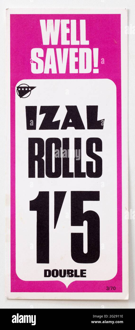 1970 Negozio Pubblicità Prezzo Display Label - Izal WC Rools Foto Stock