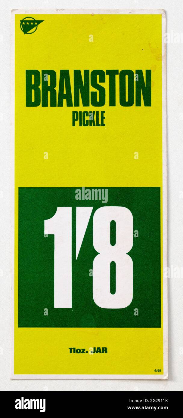 1970 Shop Pubblicità Prezzo Visualizza etichetta - Branston Pickle Foto Stock