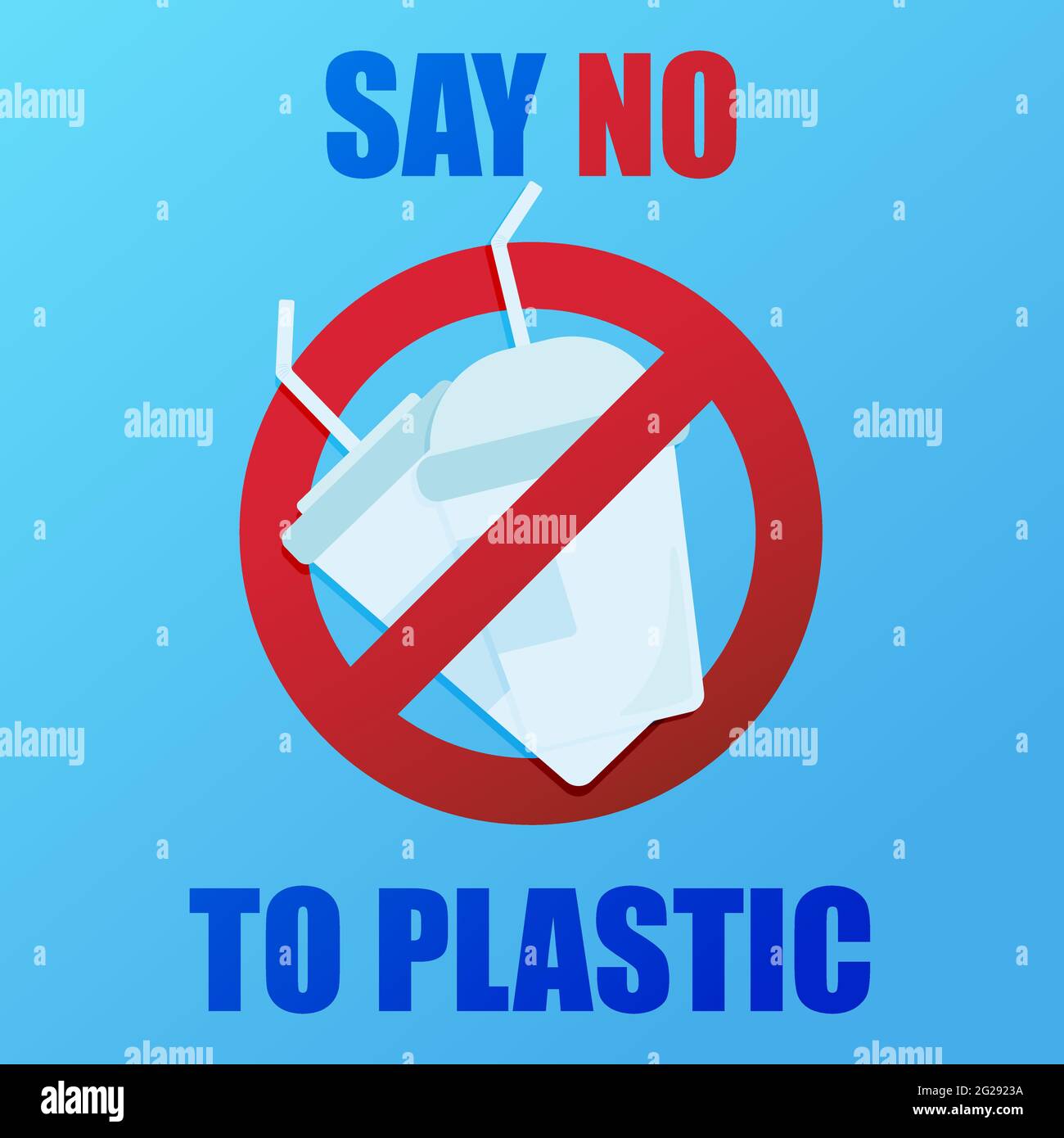 Arrestare l'inquinamento della plastica. Salva la nostra Terra. Striscione con cartello rosso di divieto barrato verso l'esterno tazze di plastica. Poster ambientale. Dire no alla plastica. Illustrazione Vettoriale