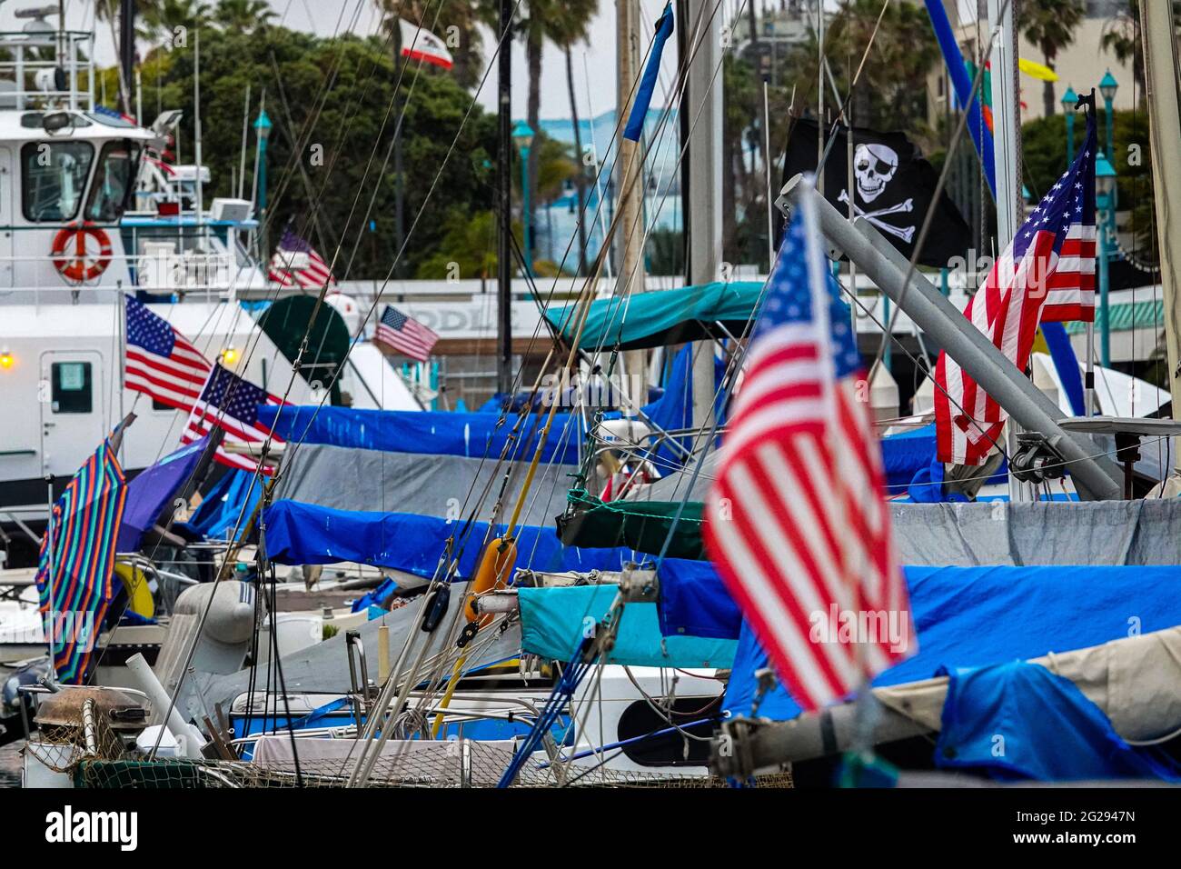 Più bandiere americane dominano un molo di barca, con una bandiera pirata che vola orgogliosamente annunciando la presenza di un individuo canaglia. Foto Stock