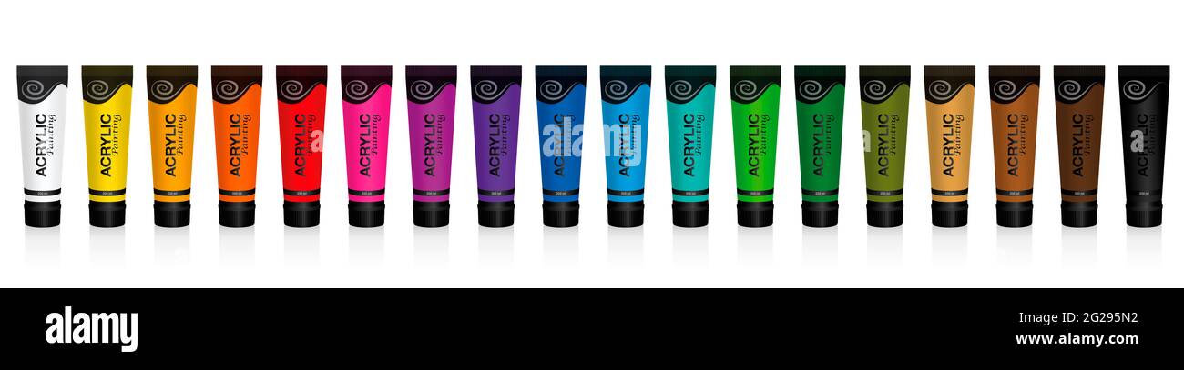 Tubi di vernice acrilica, coloratissimi set di pittura allineati in fila - illustrazione su sfondo bianco. Foto Stock