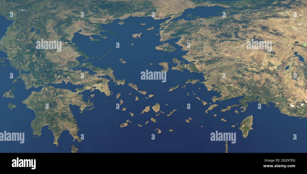 Mar Egeo nel Mar Mediterraneo, vista aerea dallo spazio esterno del pianeta terra Foto Stock