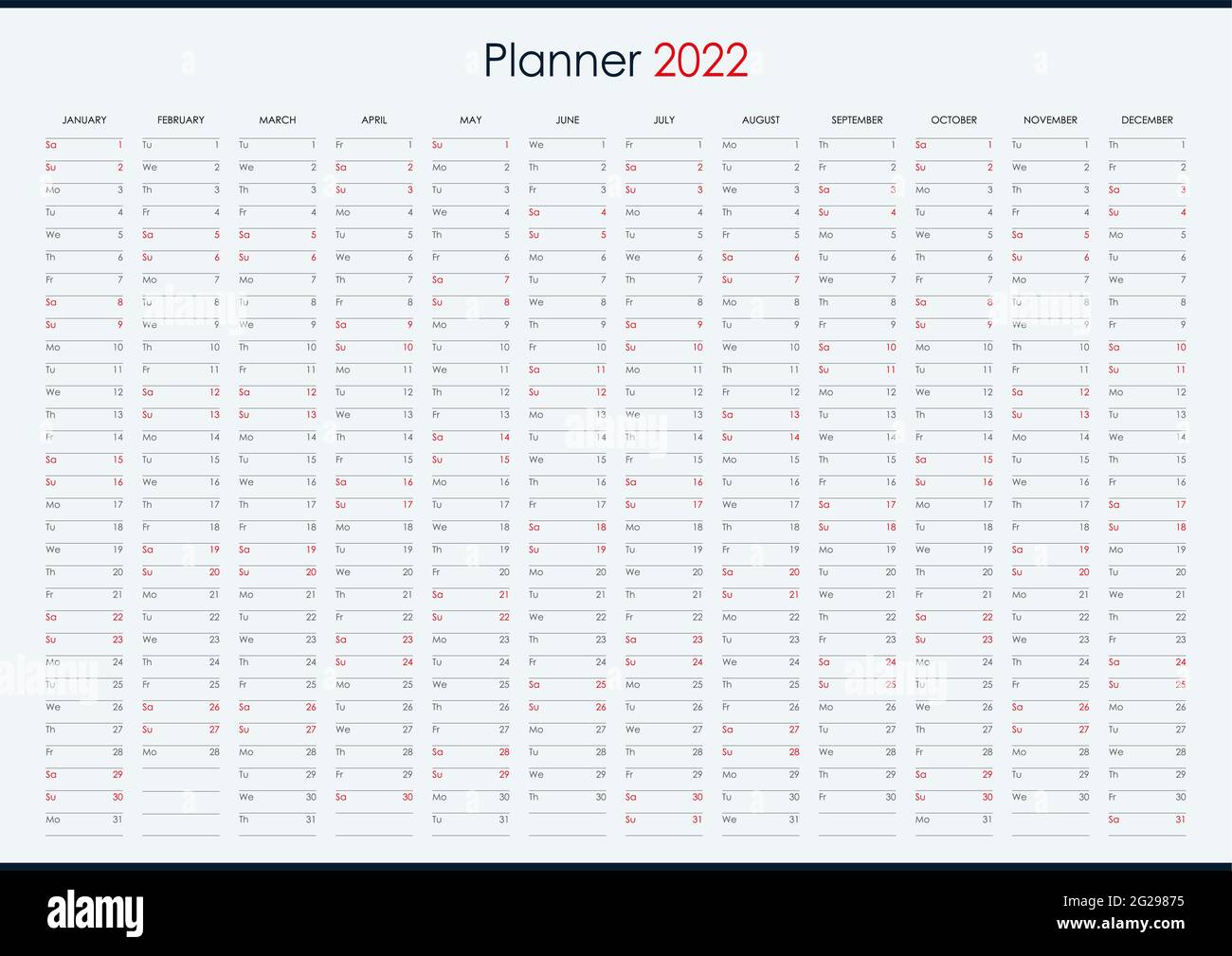 Calendario pianificatore per il 2022. Organizzatore di pareti, modello di pianificazione annuale. Illustrazione vettoriale. Mesi verticali. Una pagina. Set di 12 mesi. Lingua inglese Illustrazione Vettoriale