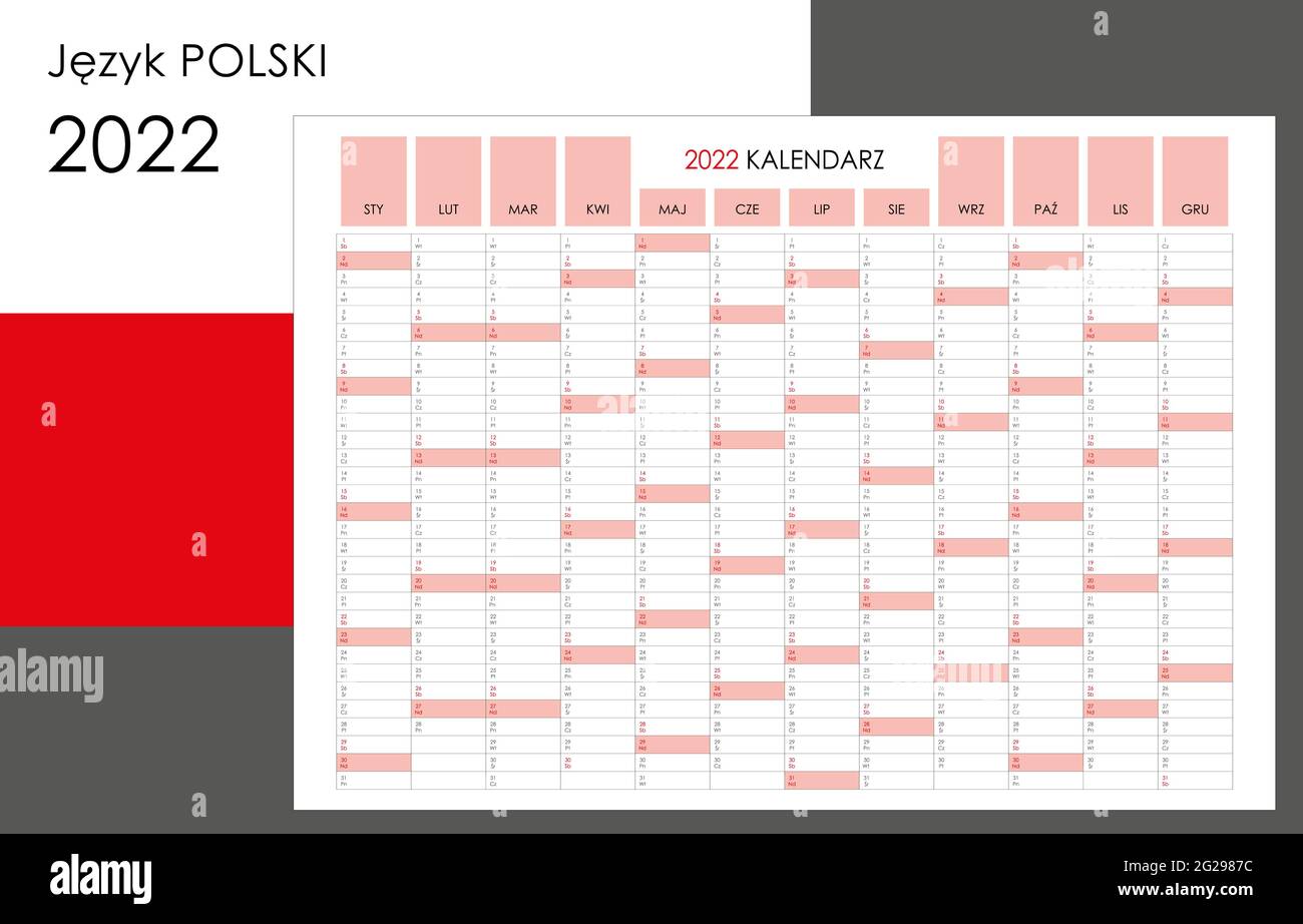 pianificatore 2022. Calendario in formato orizzontale standard e stile semplice. Domenica di colore rosso chiaro. Organizzatore di pareti, modello di pianificazione annuale. Illustrazione Vettoriale
