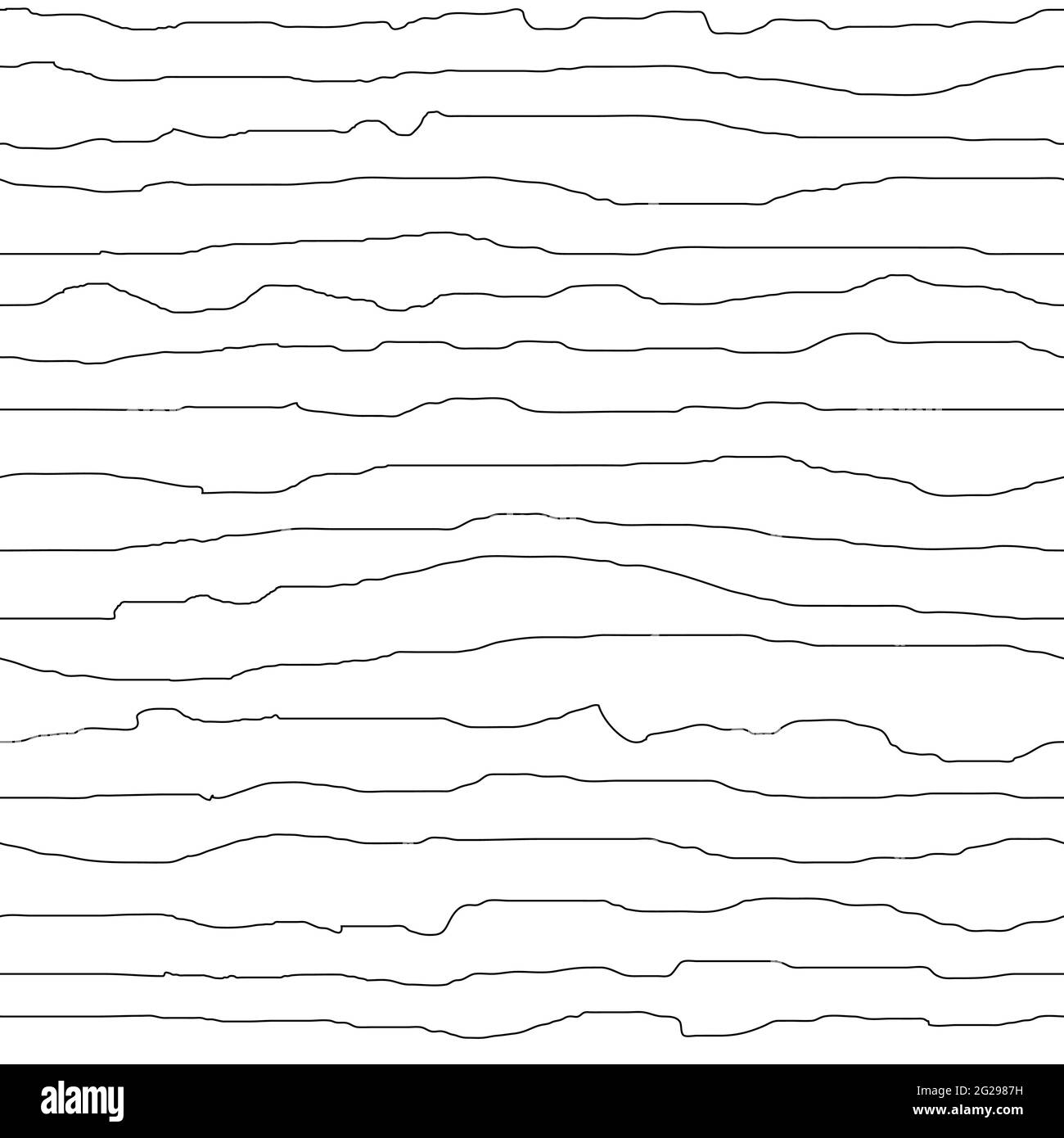 Pattern striping astratto senza giunture. Linee tratteggiate curve nere disegnate a mano isolate su sfondo bianco. Illustrazione vettoriale monocromatica per sfondo, no Illustrazione Vettoriale