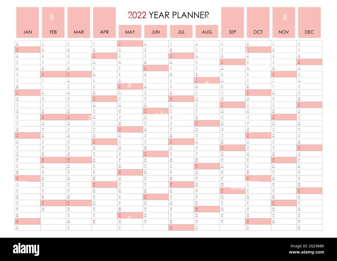 pianificatore 2022. Calendario in formato orizzontale standard e stile semplice. Domenica di colore rosso chiaro. Organizzatore di pareti, modello di pianificazione annuale. Vettore. Illustrazione Vettoriale