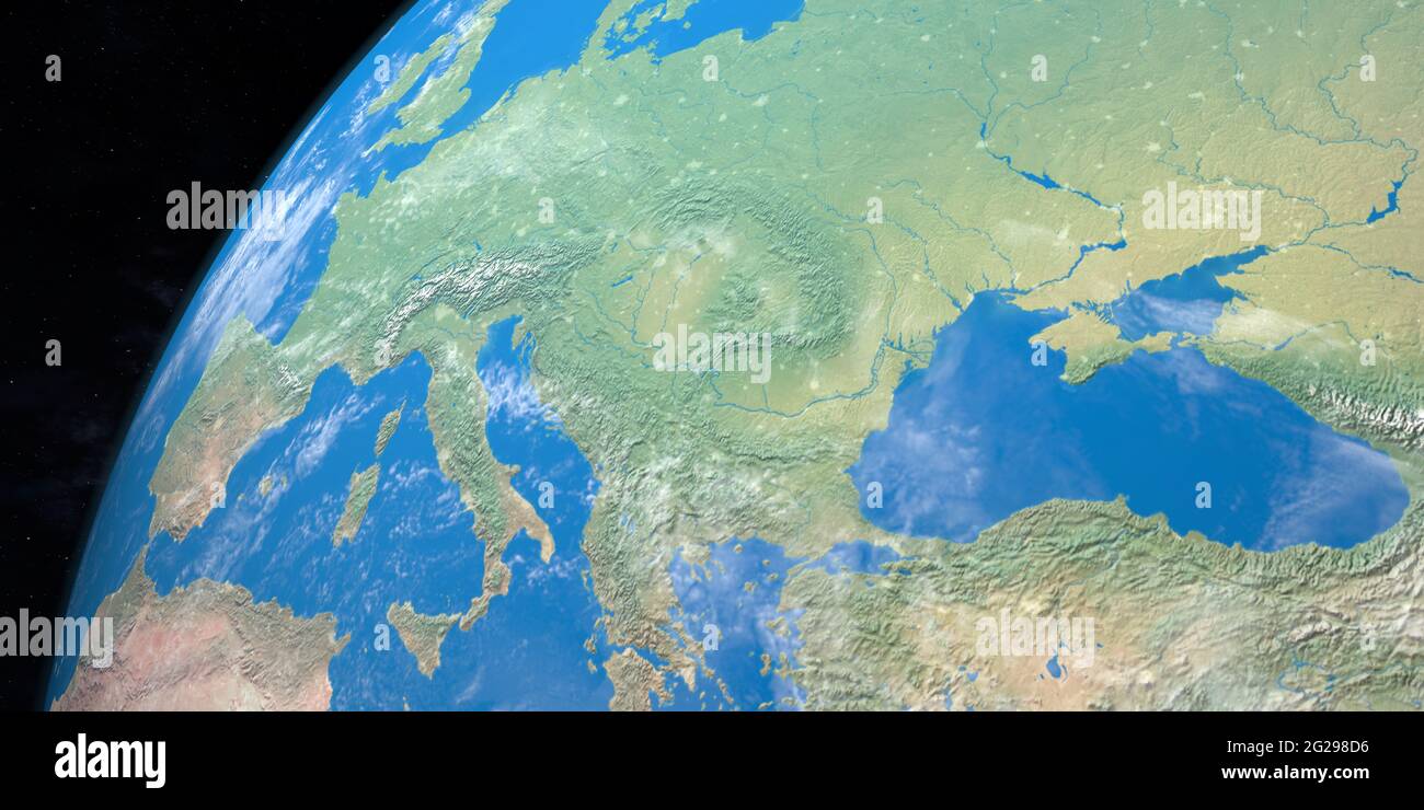 Fiume Volga nel pianeta terra, vista aerea dallo spazio. rendering 3d Foto Stock