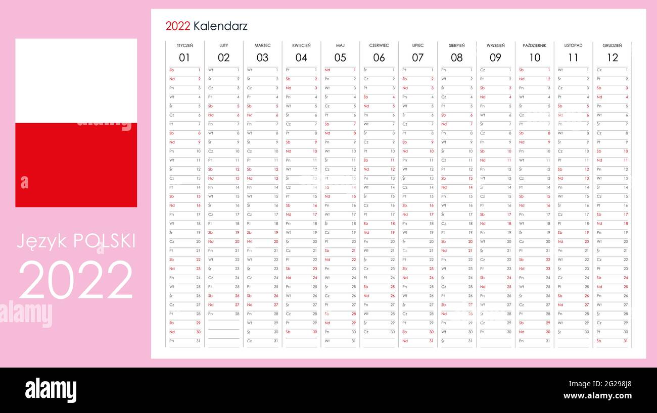 pianificatore 2022. Calendario in formato orizzontale standard e stile semplice. Domenica di colore rosso chiaro. Organizzatore di pareti, modello di pianificazione annuale. Illustrazione Vettoriale