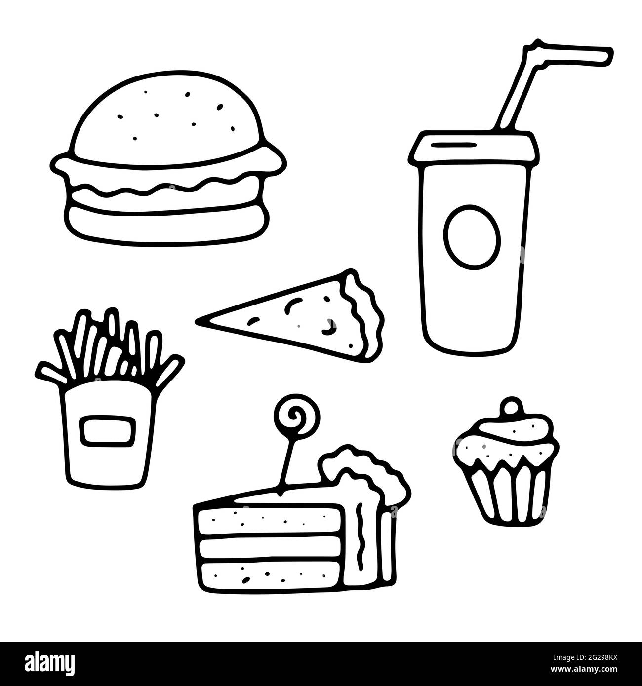 Set di cartelli per il Doodle Cafe. Contorni fast food, dolci isolati su sfondo bianco. Cartello del menu cheat meal. Hamburger gustoso, soda, patatine fritte, pizze Illustrazione Vettoriale