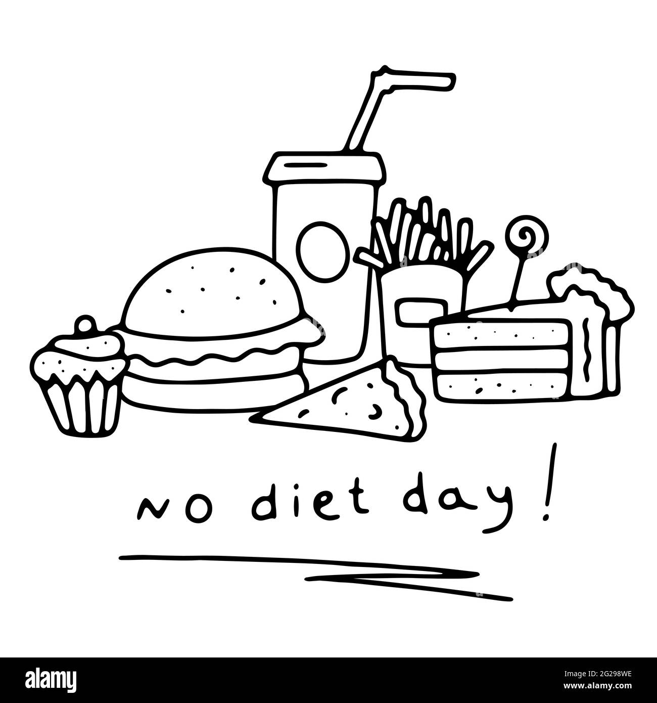 Doodle No Dieta giorno banner. Delinea fast food, dolci con scritte isolate su sfondo bianco. Cartello del 6 maggio. Hamburger gustoso, soda, patatine fritte, p Illustrazione Vettoriale