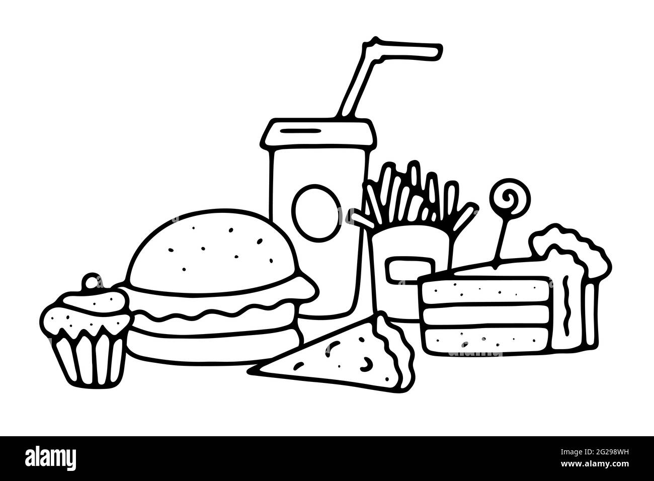 Concetto di Doodle cafe. Contorni fast food, dolci isolati su sfondo bianco. Menu dei pasti da cheat, cartello di consegna. Hamburger gustoso, soda, ven. Francese Illustrazione Vettoriale