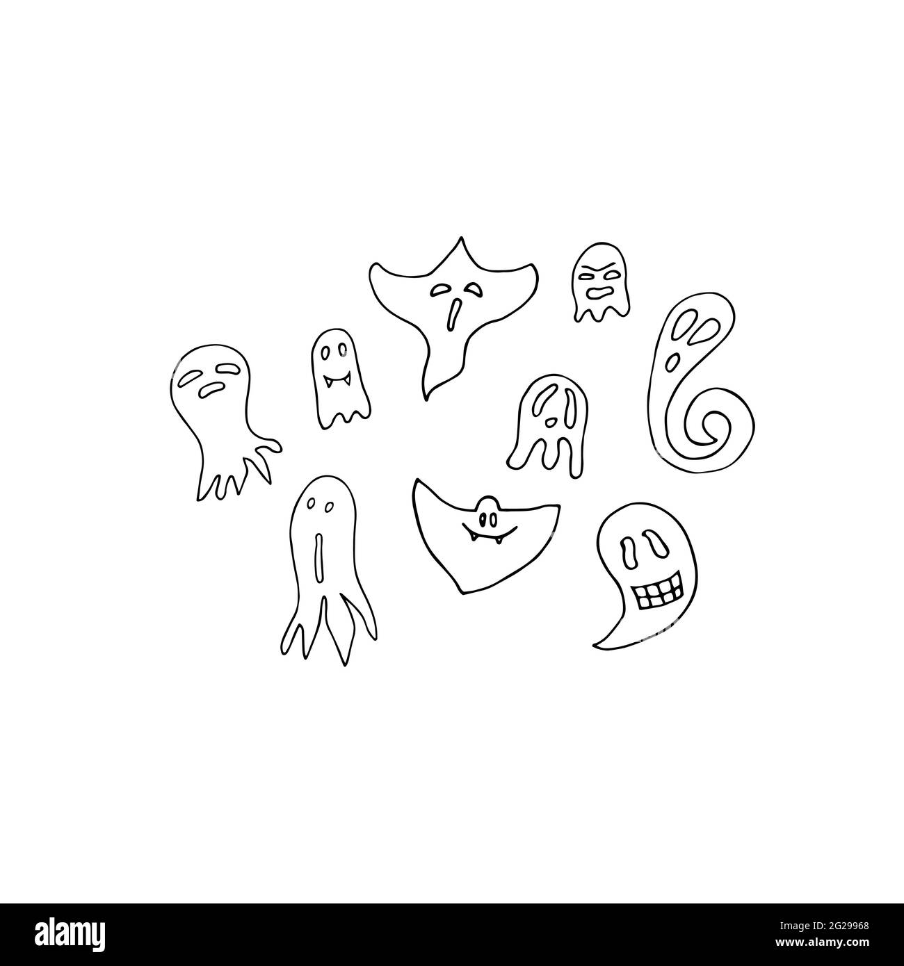 Doodle Halloween Ghosts Set. Contorni Ghosts isolati su sfondo bianco. Spiriti terrosi carino disegnati a mano. Personaggi mistici con fangs. Dispositivi vettoriali Illustrazione Vettoriale