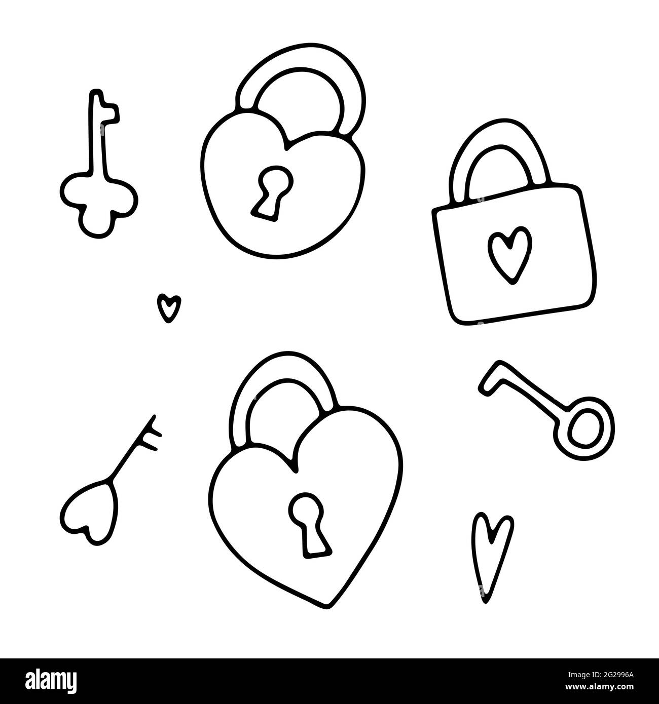 Set di lucchetti di San Valentino Doodle Hearts. Simbolo d'amore del contorno disegnato a mano su sfondo bianco. Carino cuore di saluto blocco, immagine chiave. Febbraio 14, matrimonio Illustrazione Vettoriale