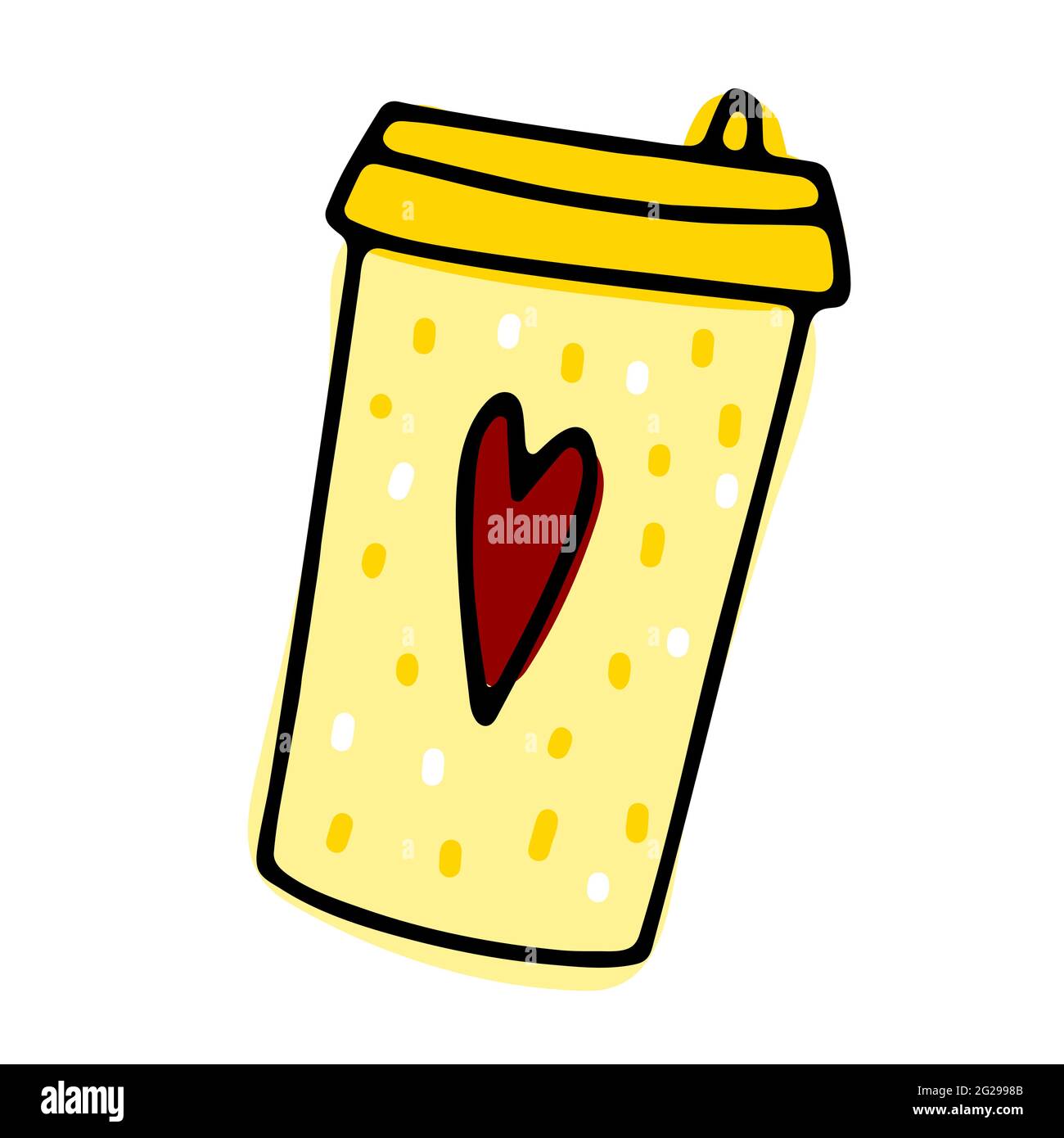 Doodle caffè per andare a tazza. Deliziosa bevanda calda isolata su sfondo bianco. Tè giallo, latte, cappuccino, americano, tazza da asporto con cuore, coperchio. VECTO Illustrazione Vettoriale