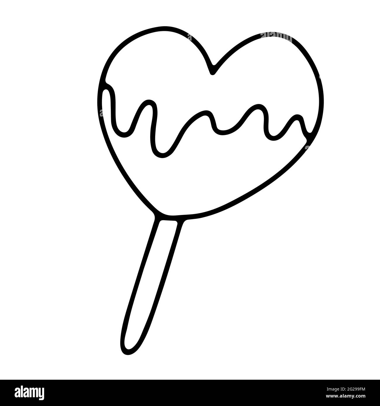 Doodle caramella a forma di cuore. Lollipop isolato su sfondo bianco. Dessert dolce con contorni disegnati a mano con crema per i bambini, Pasqua, nascita Illustrazione Vettoriale