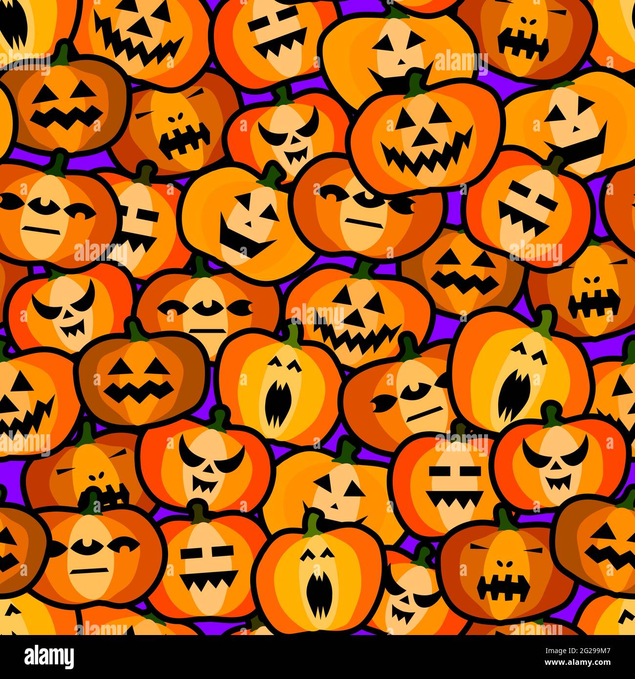 Senza cuciture Halloween spaventoso modello di zucche arancioni. Faccia divertente, creepy, sorridente su sfondi viola. Adesivi autunnali. Simbolo di Halloween felice Illustrazione Vettoriale