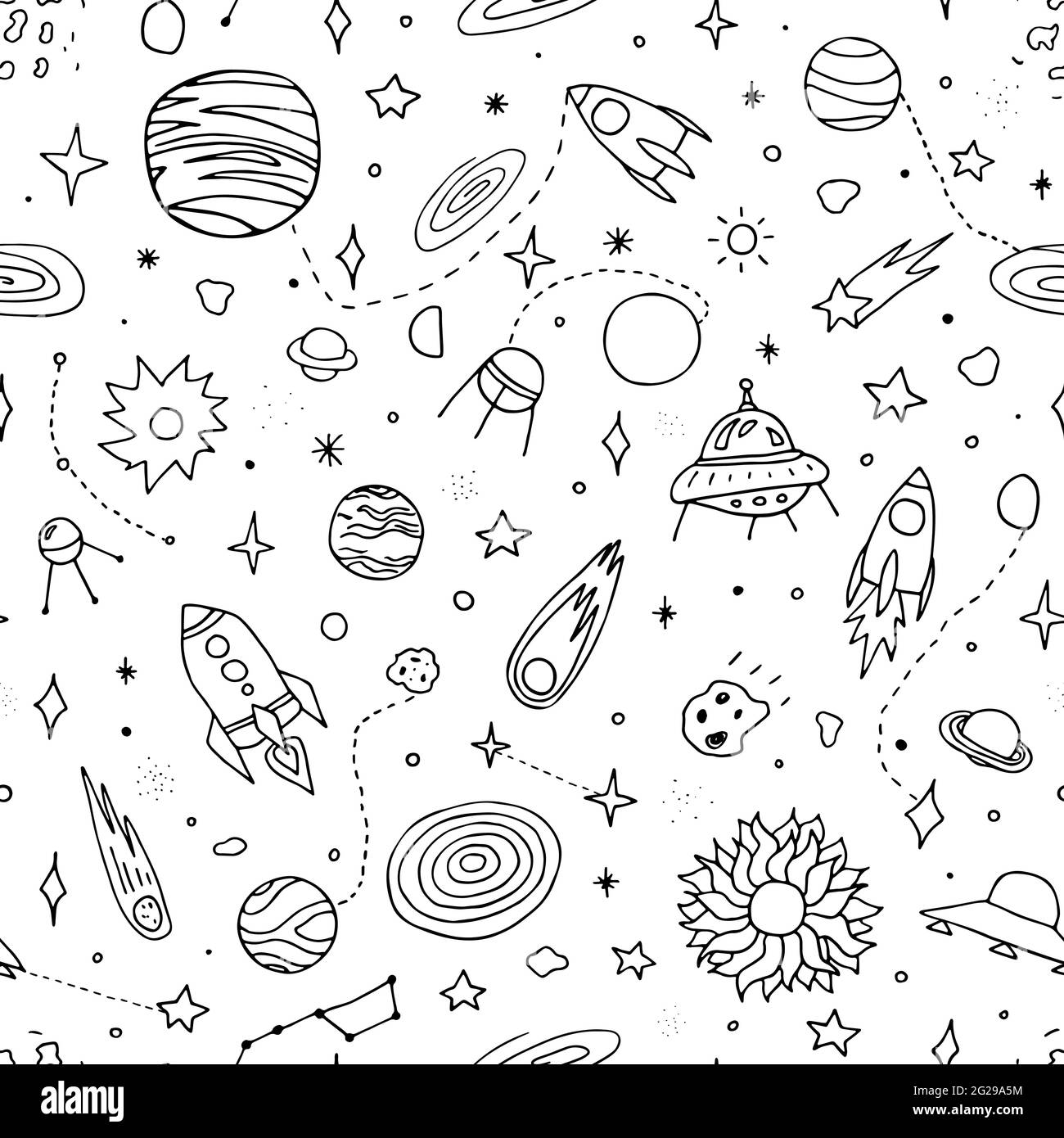 Pattern di doodle vettoriale senza giunture. Pianeti, razzi, stelle, comete, ufo, asteroide, costellazioni isolate su sfondo bianco. Contorno astronomia Illustrazione Vettoriale