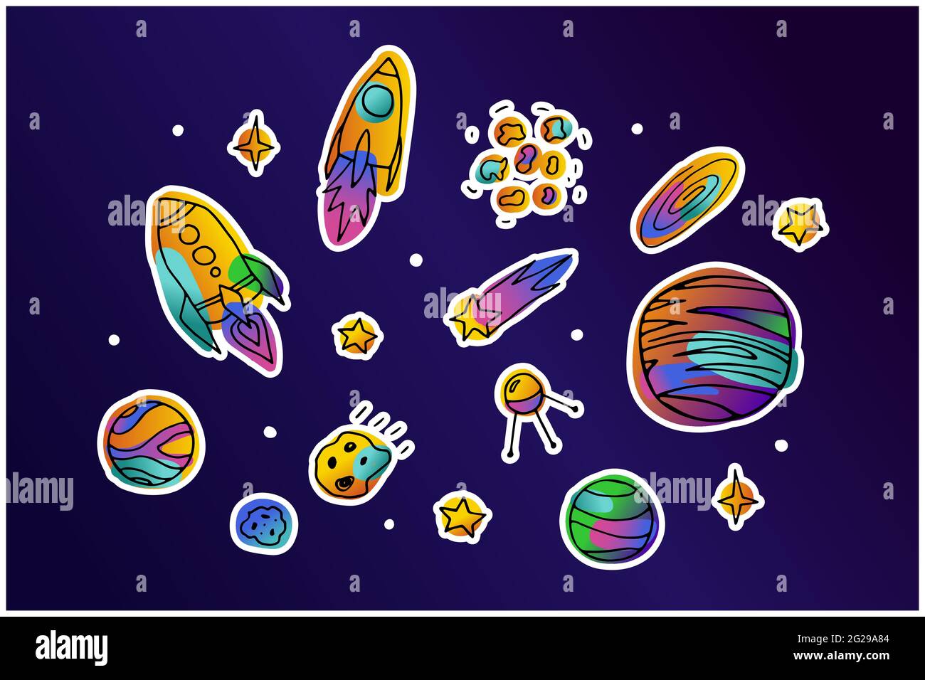Set di adesivi per doodle Bright Space. Pianeti, razzi, stelle, comete, asteroide su sfondo viola scuro. Sfumatura rosa, arancione, colore tendenza verde astronomo Illustrazione Vettoriale