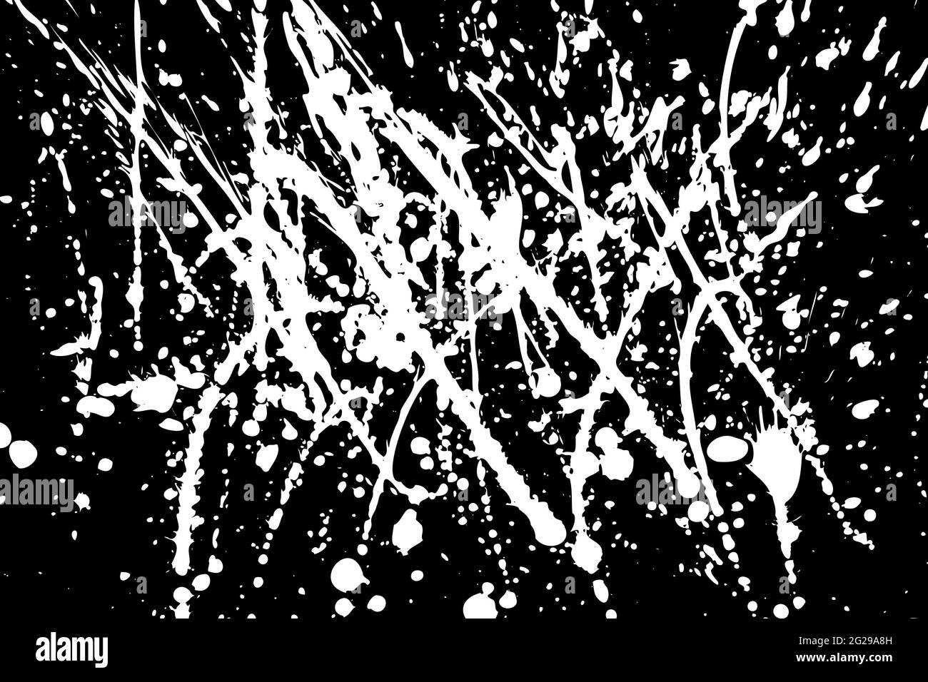 Illustrazione grunge vettoriale astratta. Schizzi di vernice bianca su sfondo nero. Macchie, gocce, macchie, stampe di inchiostro casuali. Texture disordinata e artigianale Illustrazione Vettoriale