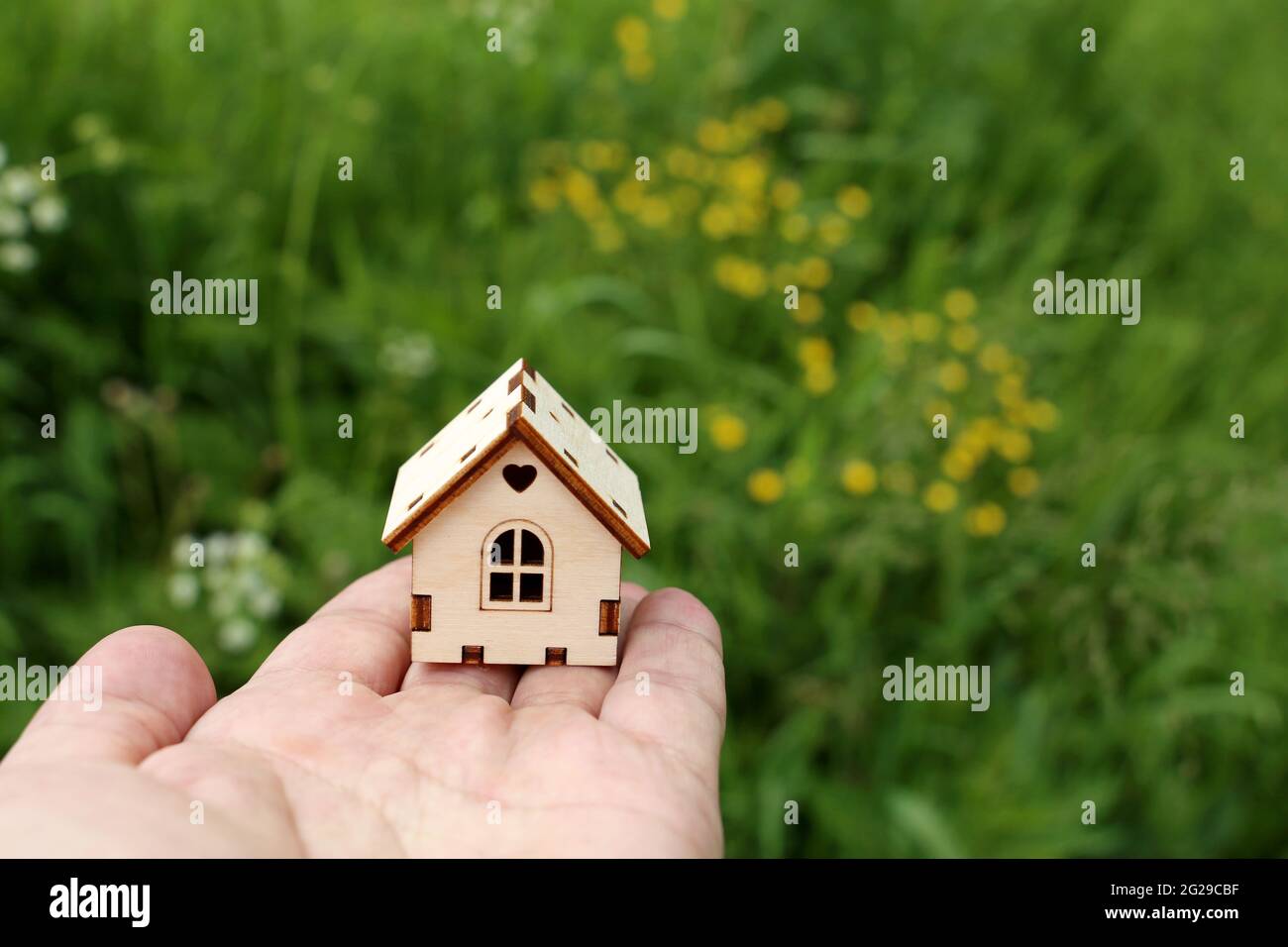 Casa di legno in mano maschile sullo sfondo del prato estivo con fiori selvatici. Agente immobiliare, acquisto o affitto casa in un'area ecologicamente pulita Foto Stock