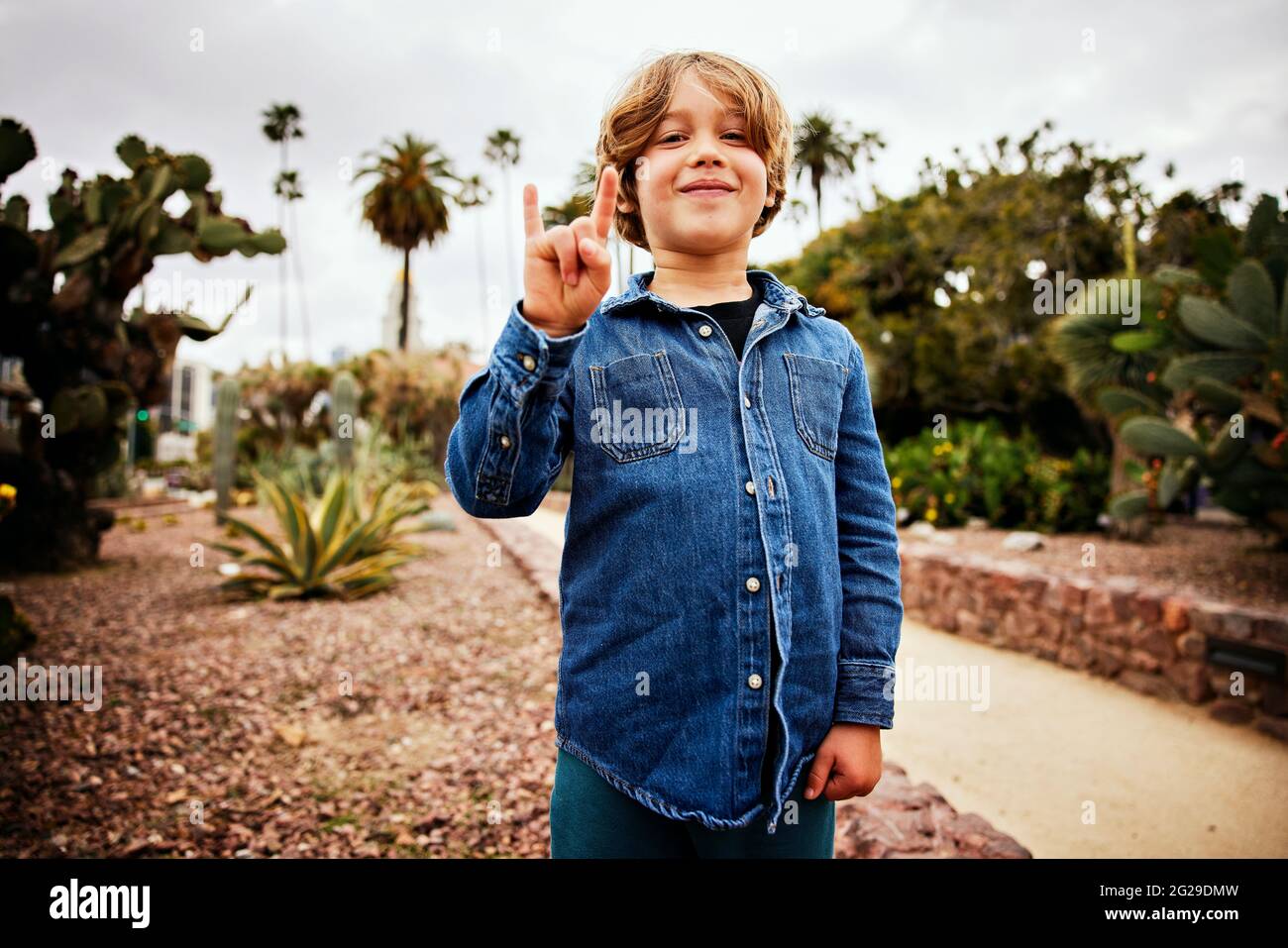 Ritratto di ragazzo sorridente che mostra il cartello del corno mentre si trova in piedi nel parco Foto Stock