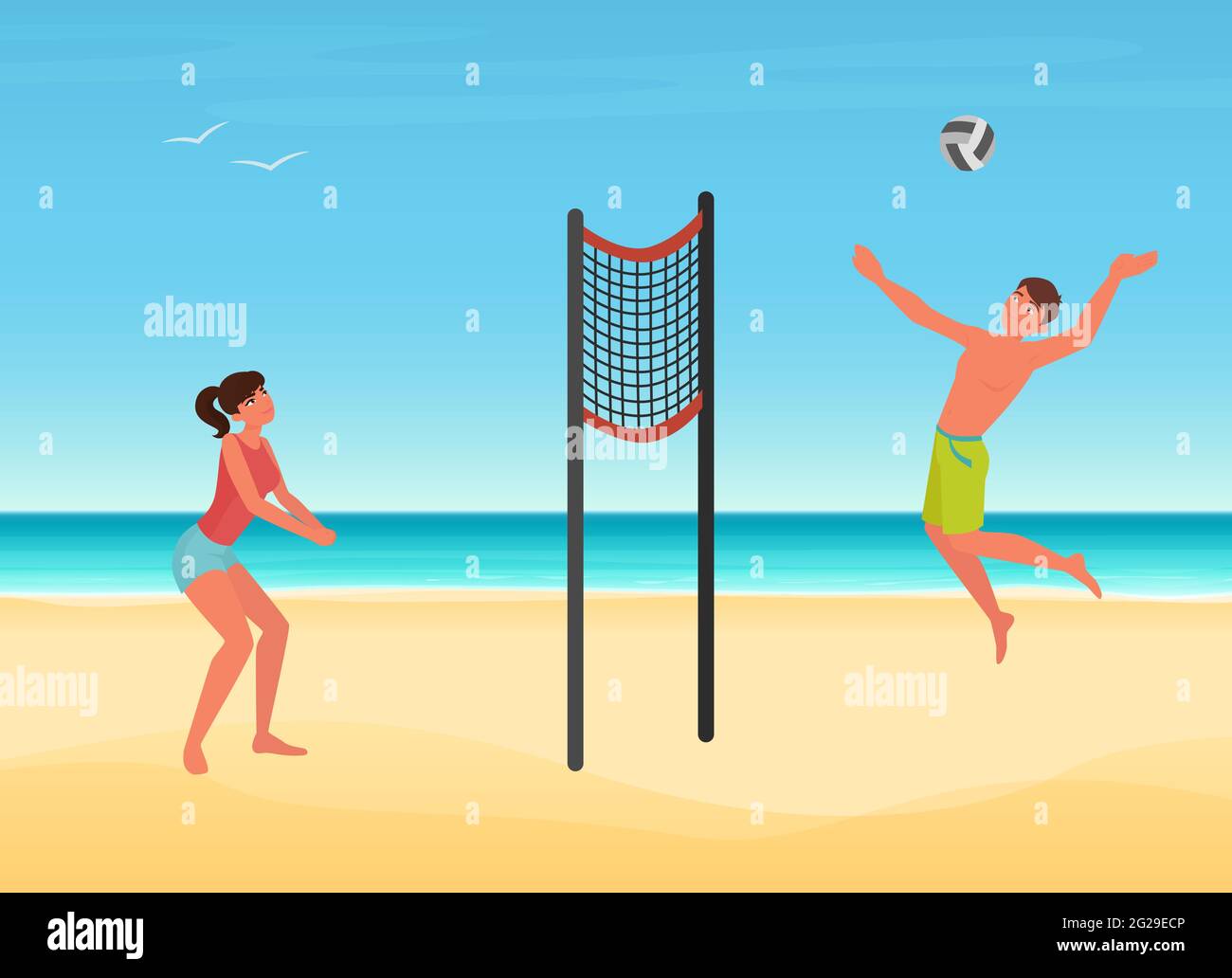 Le coppie giocano a pallavolo sulla spiaggia estiva del mare dell'illustrazione vettoriale dell'isola tropicale. Cartone animato giovane donna uomo giocatore personaggio giocare palla, salto, estate sport viaggio vacanza sfondo Illustrazione Vettoriale