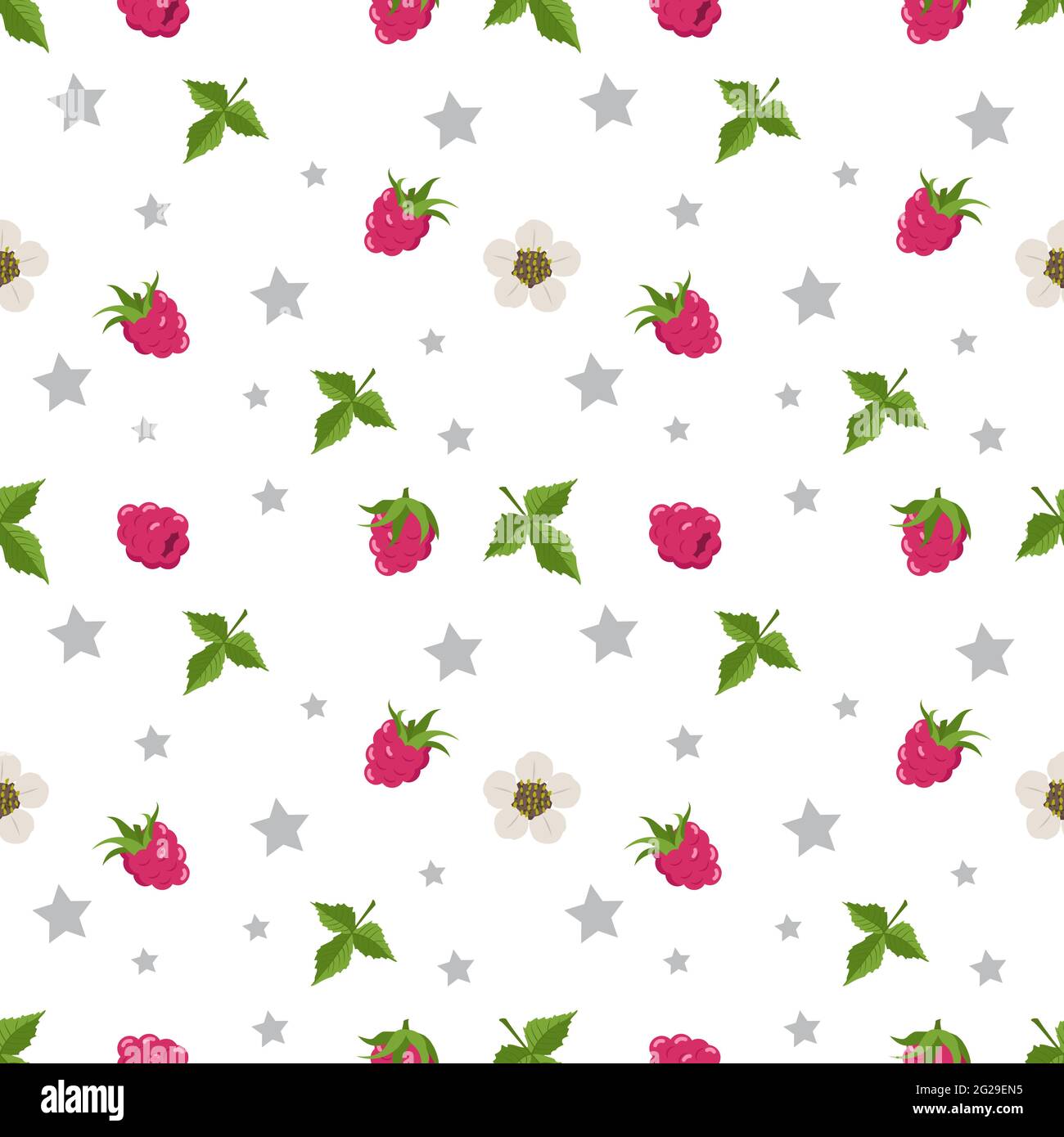 Motivo senza cuciture con lamponi, fiori e foglie Illustrazione Vettoriale