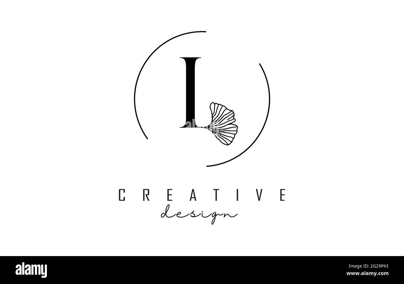 Logo lettera L con lettere maiuscole, dettagli delle lamelle e cornice circolare. Illustrazione vettoriale con elementi botanici. Illustrazione Vettoriale