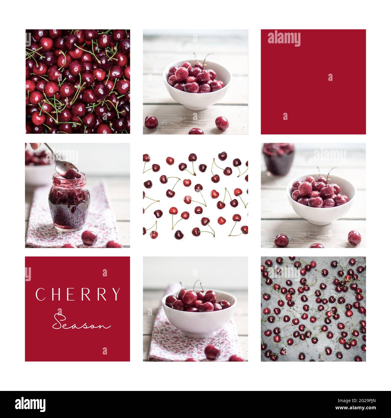 Stagione delle ciliegie. Collage di immagini con ciliegie fresche raccolte in prua bianca e confettura di ciliegie. Post sui social media, mood board. Foto Stock